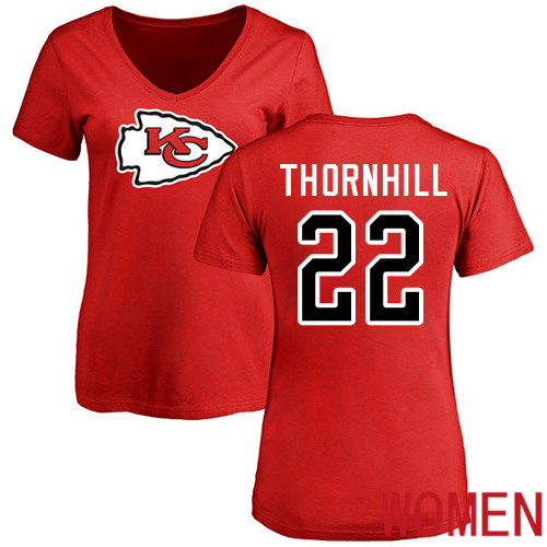 Women Football Kansas City Chiefs #22 Thornhill Juan Red Name and Number Logo Slim Fit T-Shirt